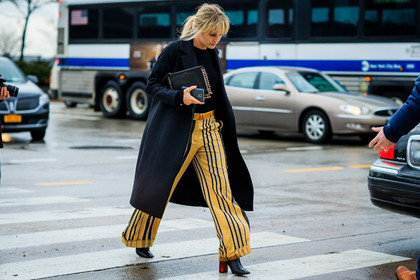 atmosphere details, AUTUMN WINTER 2016-2017, AW 16-17, black boots, black clutch, black coat, black sweater, brooke testoni, fashion week, frenchystyle, full length, FW, FW 16-17, geometric, horizontal, iphone, jonathan paciullo, leater belt, leather belt, leather boots, leather clutch, NEW YORK, NYFW, street style, striped pants, stripes, studded bag, studs, trousers, wide pants, woman, yellow pants