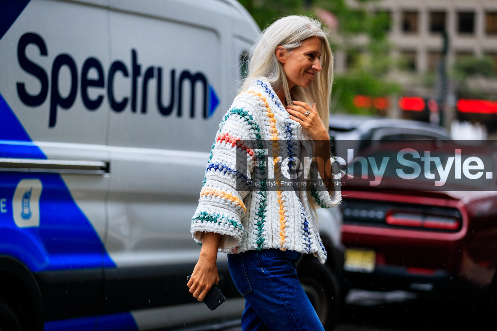 blue denim, denim pants, graphic jacket, jeans, multicolor jacket, printed jacket, sarah harris, trousers, white jacket, street style, jonathan paciullo, FW, frenchystyle, fashion week, NYFW, NEW YORK, SPRING SUMMER 2019, SS 19, atmosphere details, horizontal, detail