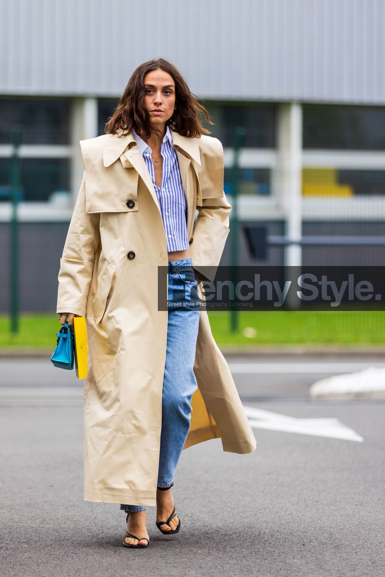 bag, beige coat, black sandals, blue bag, blue denim, blue jean, blue shirt, coat, denim, Erika Boldrin, hermes bag, jean, kelly bag, sandals, shirt, small bag, striped shirt, stripes, street style, jonathan paciullo, FW, frenchystyle, fashion week, PFW, PARIS, SPRING SUMMER 2022, SS 22, vertical, full length