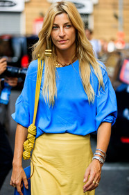 ada kokosar, blue top, bracelet, bulgari, earrings, leather bag, necklace, watch, yellow skirt, fashion week, frenchystyle, FW, jonathan paciullo, street style, MFW, MILAN, SPRING SUMMER 2019, SS 19, vertical, atmosphere details, detail
