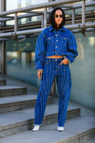 blue denim, denim jacket, denim pants, graphic pants, jeans, leather shoes, mugler, printed pants, stripes, sunglasses, tone on tone, total look denim, trousers, white shoes, yoyo cao, PARIS, PFW, street style, jonathan paciullo, FW, frenchystyle, fashion week, AUTUMN WINTER 2019-2020, AW 19-20, FALL WINTER 2019-2020, FW 19-20, vertical, full length