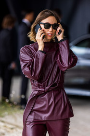 Anya Ziourova, belted top, burgundy pants, burgundy top, leather top, pants, rayban, sunglasses, top, fashion week, frenchystyle, FW, jonathan paciullo, street style, PFW, PARIS, SPRING SUMMER 2022, SS 22, vertical, atmosphere details