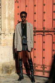 alexander mcqueen, beige jacket, black bag, black shoes, black skirt, black sweater, blazer, checked, fendi, graphic jacket, high boots, leather bag, leather shoes, leather skirt, model, necklace, plaid, pleated skirt, printed jacket, sunglasses, PARIS, PFW, street style, jonathan paciullo, FW, frenchystyle, fashion week, AUTUMN WINTER 2019-2020, AW 19-20, FALL WINTER 2019-2020, FW 19-20, vertical, full length