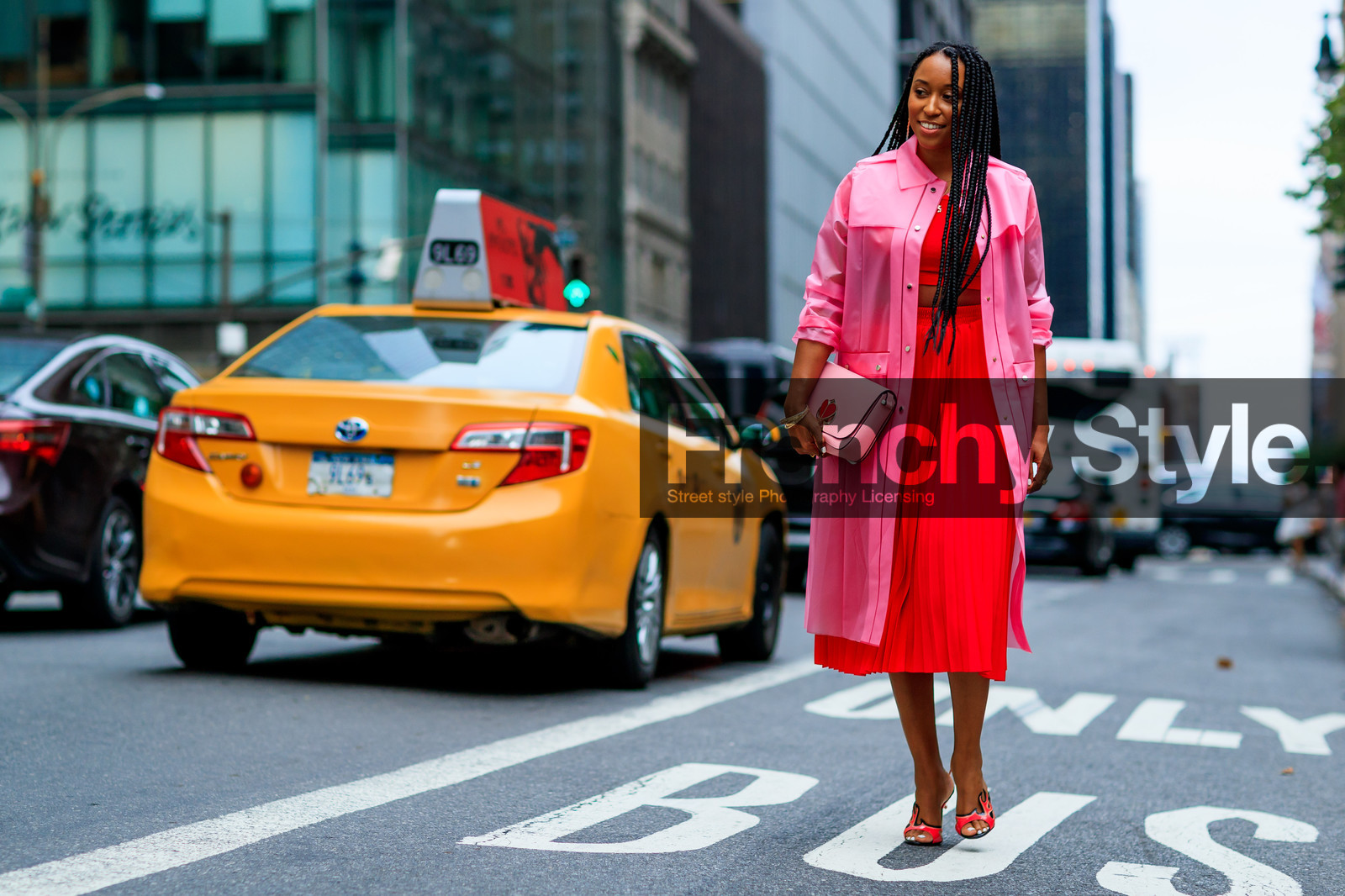 braids, crop top, high heels, leather bag, leather shoes, pink bag, pink coat, pleated skirt, prada, red shoes, red skirt, red top, fashion week, frenchystyle, FW, jonathan paciullo, street style, NYFW, NEW YORK, SPRING SUMMER 2019, SS 19, atmosphere details, horizontal, full length