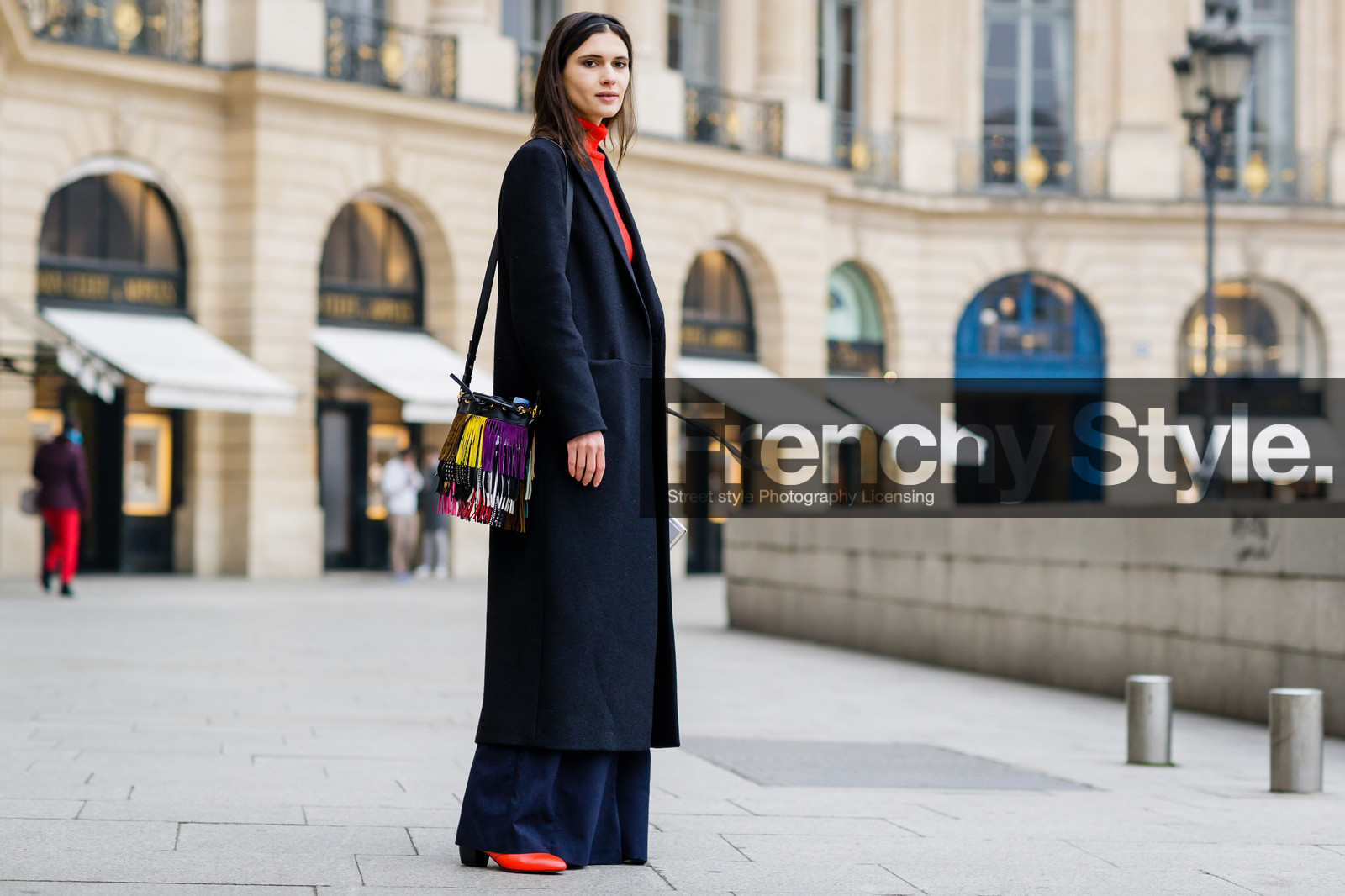 black coat, fringes, graphic bag, leather bag, multicolor bag, overcoat, red shoes, red sweater, trousers, fashion week, frenchystyle, FW, jonathan paciullo, street style, PFW, PARIS, SPRING SUMMER 2017, SS 17, HAUTE COUTURE, atmosphere details, full length, horizontal, model