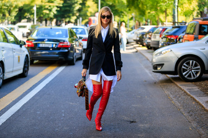 atmosphere details, black jacket, blazer, chiara ferragni, fashion week, fendi, frenchystyle, full length, FW, graphic bag, high boots, high heels, horizontal, jonathan paciullo, leather bag, leather shoes, MFW, MILAN, printed bag, red bag, red shoes, shirt dress, SPRING SUMMER 2018, SS 18, street style, sunglasses, white shirt