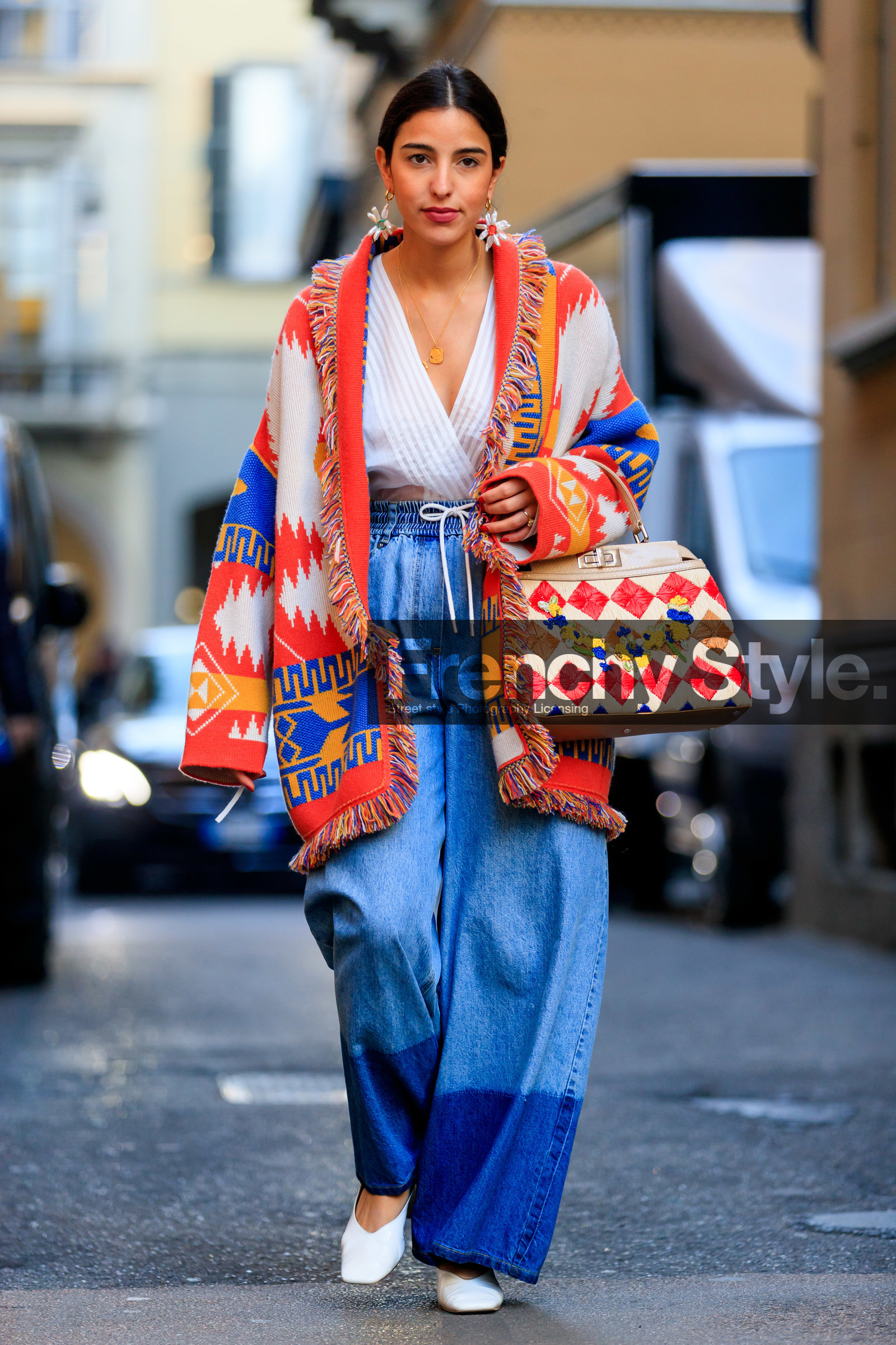 bettina looney, blue denim, denim pants, earrings, fendi, geometric, graphic bag, graphic jacket, jeans, leather bag, leather shoes, multicolor bag, multicolor jacket, poncho, printed bag, printed jacket, trousers, white shoes, white top, MILAN, MFW, fashion week, frenchystyle, FW, jonathan paciullo, street style, AUTUMN WINTER 2019-2020, AW 19-20, FALL WINTER 2019-2020, FW 19-20, vertical, full length