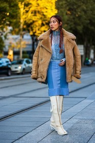 beige coat, beige jacket, blue skirt, blue top, blue turtleneck, boots, coat, jacket, leather boots, Louisa Meng, print, printed top, skirt, suede coat, suede jacket, top, turtleneck, white boots, street style, jonathan paciullo, FW, frenchystyle, fashion week, PFW, PARIS, SPRING SUMMER 2022, SS 22, vertical, full length