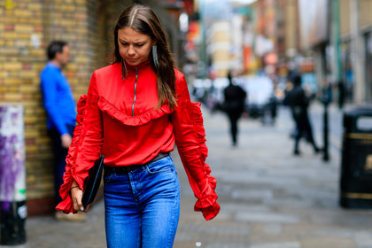 atmosphere details, black bag, blue denim, denim pants, detail, earrings, fashion week, frenchystyle, FW, horizontal, jeans, jonathan paciullo, leather bag, LFW, LONDON, red top, SPRING SUMMER 2017, SS 17, street style, trousers, woman