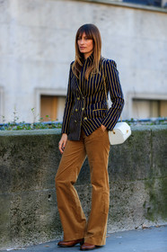 blazer, brown boots, camel pants, caroline de maigret, corduroy, graphic jacket, leather bag, leather shoes, navy jacket, printed jacket, striped jacket, trousers, white bag, PARIS, PFW, street style, jonathan paciullo, FW, frenchystyle, fashion week, AUTUMN WINTER 2019-2020, AW 19-20, FALL WINTER 2019-2020, FW 19-20, vertical, full length