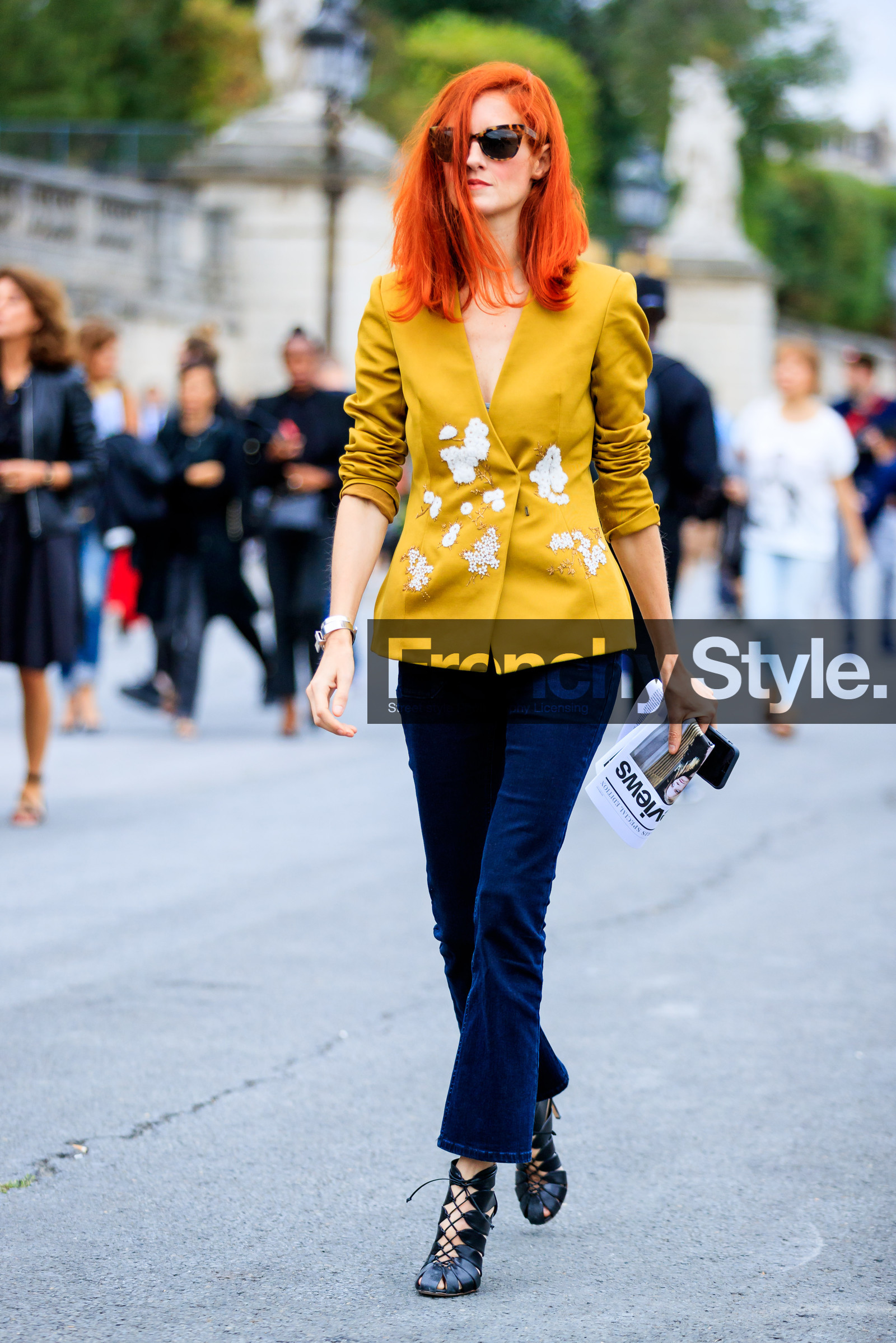black boots, denim pants, embroidered jacket, fashion week, floral, flower, frenchystyle, full length, FW, jeans, jonathan paciullo, leather shoes, PARIS, PFW, SPRING SUMMER 2017, SS 17, street style, sunglasses, taylor tomasi hill, trousers, vertical, yellow jacket