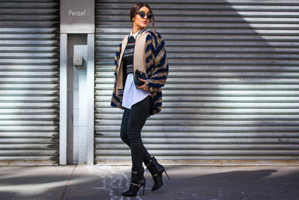 atmosphere details, AUTUMN WINTER 2016-2017, AW 16-17, black bag, black boots, black pants, brown fur, camila coelho, embroidered sweater, fashion week, frenchystyle, full length, fur jacket, FW, FW 16-17, high boots, high heels, horizontal, jonathan paciullo, leather bag, leather boots, leather pants, NEW YORK, NYFW, street style, striped jacket, sunglasses, teddy jacket, trousers, white shirt, woman, zip
