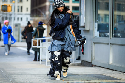 atmosphere details, AUTUMN WINTER 2016-2017, AW 16-17, beige slippers, black beanie, blue jacket, céline, embroidered pants, fashion week, frenchystyle, full length, FW, FW 16-17, grey top, horizontal, jonathan paciullo, NEW YORK, NYFW, street style, susie lau, wide pants, woman