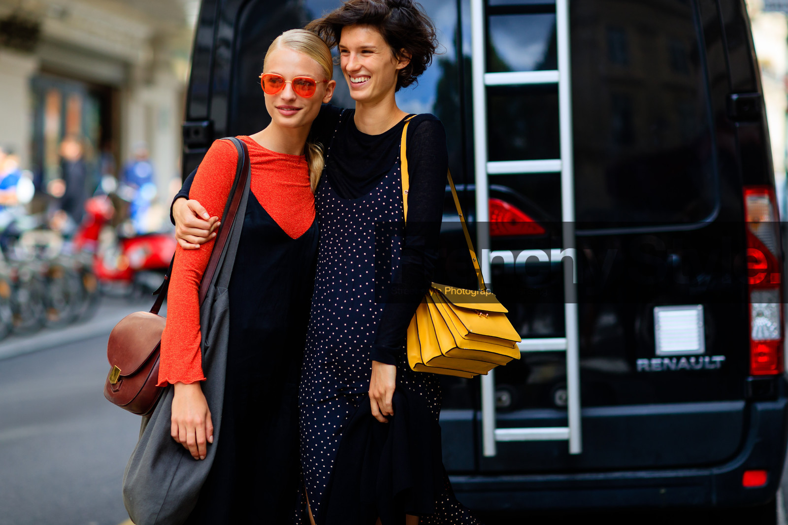atmosphere details, black dress, black sweater, blue dress, brown bag, detail, fashion week, frenchystyle, FW, horizontal, jonathan paciullo, leather bag, model, PARIS, PFW, polka dot, printed dress, red sweater, SPRING SUMMER 2017, SS 17, street style, sunglasses, yellow bag