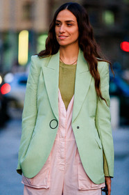 blazer, erika boldrin, green jacket, green sweater, pink jumpsuit, trousers, fashion week, frenchystyle, FW, jonathan paciullo, street style, MFW, MILAN, AUTUMN WINTER 2019-2020, AW 19-20, FALL WINTER 2019-2020, FW 19-20, vertical, atmosphere details, detail