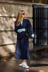 bag, black bag, black gloves, black sunglasses, blazer, checked top, gloves, green top, leather gloves, navy blazer, navy skirt, skirt, sneakers, sunglasses, top, turlteneck, white sneakers, fashion week, frenchystyle, FW, jonathan paciullo, street style, PFW, PARIS, SPRING SUMMER 2022, SS 22, vertical, full length