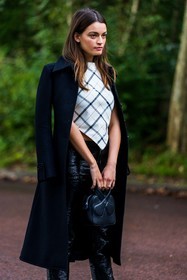 bag, black bag, black coat, black pants, checked top, coat, courreges bag, courreges look, Emma McKay, grey top, leather bag, leather pants, pants, printed top, top, white top, street style, jonathan paciullo, FW, frenchystyle, fashion week, PFW, PARIS, SPRING SUMMER 2022, SS 22, vertical, atmosphere details