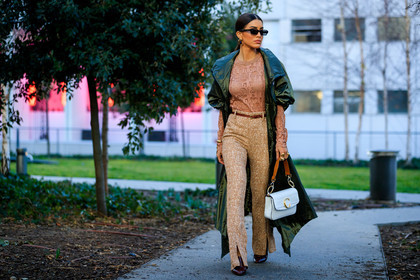 beige pants, bracelet, brown shoes, camila coelho, chloé, graphic pants, graphic top, green coat, leather bag, pink top, printed pants, see through, sunglasses, trousers, tulle, white bag, PARIS, PFW, street style, jonathan paciullo, FW, frenchystyle, fashion week, AUTUMN WINTER 2019-2020, AW 19-20, FALL WINTER 2019-2020, FW 19-20, horizontal, atmosphere details, full length