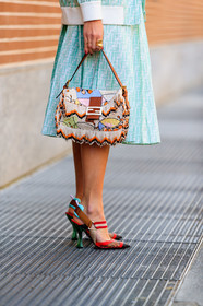 blue skirt, brown bag, embroideries, fendi, graphic bag, graphic skirt, high heels, leather bag, leather shoes, monogram, nina suess, pearls, pleated skirt, printed bag, printed skirt, red shoes, rings, MILAN, MFW, fashion week, frenchystyle, FW, jonathan paciullo, street style, AUTUMN WINTER 2019-2020, AW 19-20, FALL WINTER 2019-2020, FW 19-20, vertical, atmosphere details, detail