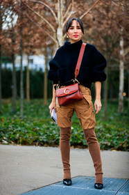 black shoes, black sweater, brown pants, chloé, earrings, leather bag, leather shoes, red bag, trousers, PARIS, PFW, street style, jonathan paciullo, FW, frenchystyle, fashion week, AUTUMN WINTER 2019-2020, AW 19-20, FALL WINTER 2019-2020, FW 19-20, vertical, full length