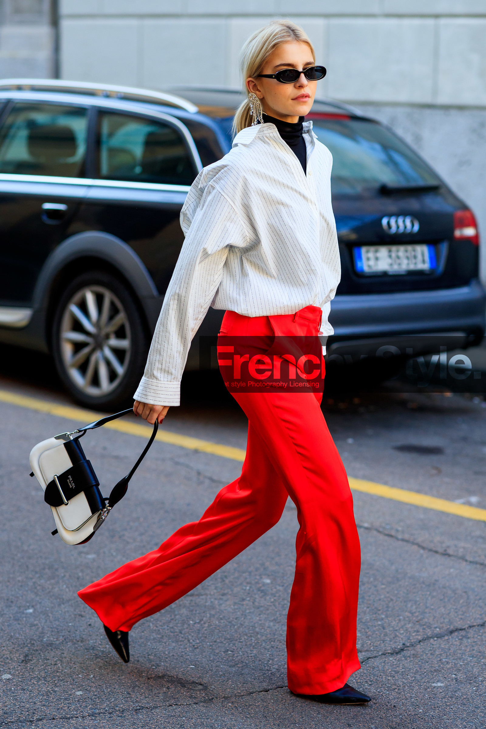 black and white bag, black turtleneck, caro daur, graphic bag, leather bag, prada, printed bag, red pants, sunglasses, trousers, white shirt, MILAN, MFW, fashion week, frenchystyle, FW, jonathan paciullo, street style, AUTUMN WINTER 2019-2020, AW 19-20, FALL WINTER 2019-2020, FW 19-20, vertical, full length