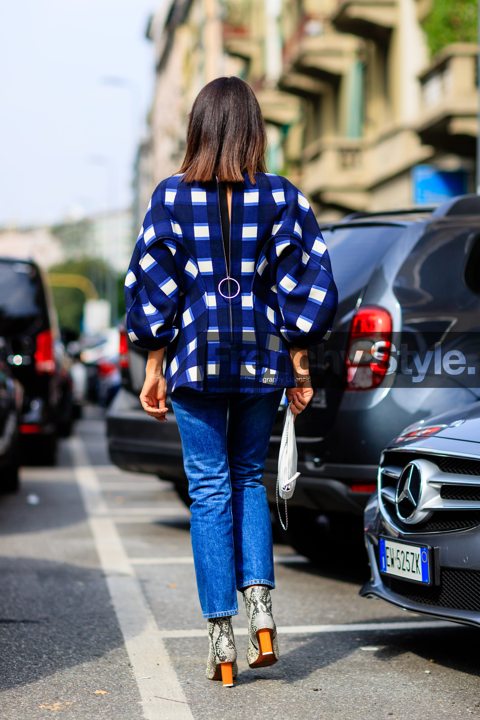 animal print, back detail, blue denim, blue top, checked top, denim pants, Evangelie Smyrniotaki, fashion week, frenchystyle, full length, FW, gingham, high heels, jeans, jonathan paciullo, leather bag, leather boots, leather shoes, MFW, MILAN, plaid, printed top, snake print, SPRING SUMMER 2017, SS 17, street style, trousers, vertical, white bag