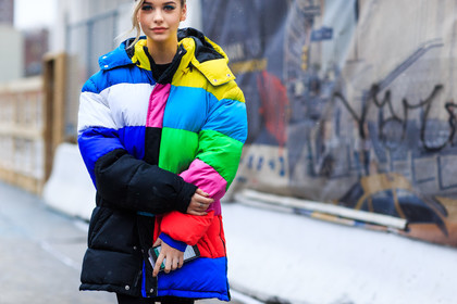 amanda steele, atmosphere details, AUTUMN WINTER 2016-2017, AW 16-17, blue, detail, down jacket, fashion week, frenchystyle, fuschia, FW, FW 16-17, geometric, graphic, graphic coat, graphic jacket, green, horizontal, jonathan paciullo, model, multicolor, multicolor jacket, navy, NEW YORK, NYFW, pink, red, street style, stripes, turquoise, woman, yellow
