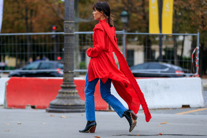 atmosphere details, black boots, blue denim, denim pants, Evangelie Smyrniotaki, fashion week, frenchystyle, full length, FW, high heels, horizontal, jeans, jonathan paciullo, leather shoes, PARIS, PFW, red dress, red jacket, red shirt, ruffle, SPRING SUMMER 2017, SS 17, street style, trousers