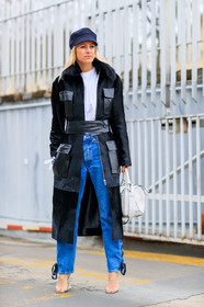 AUTUMN WINTER 2017-2018, AW 17-18, black cap, black coat, black jacket, blue denim, celine aagaard, denim pants, FALL WINTER 2017-2018, fashion week, frenchystyle, full length, fur collar, FW, FW 17-18, high heels, jeans, jonathan paciullo, leather bag, leather coat, leather shoes, loewe, PARIS, PFW, street style, transparent heel, transparent shoes, trousers, vertical, white bag