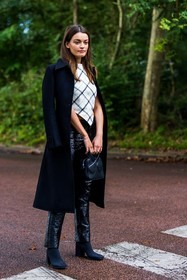 bag, black bag, black boots, black coat, black pants, checked top, coat, courreges bag, courreges look, Emma McKay, grey top, leather bag, leather pants, pants, printed top, top, white top, street style, jonathan paciullo, FW, frenchystyle, fashion week, PFW, PARIS, SPRING SUMMER 2022, SS 22, vertical, full length