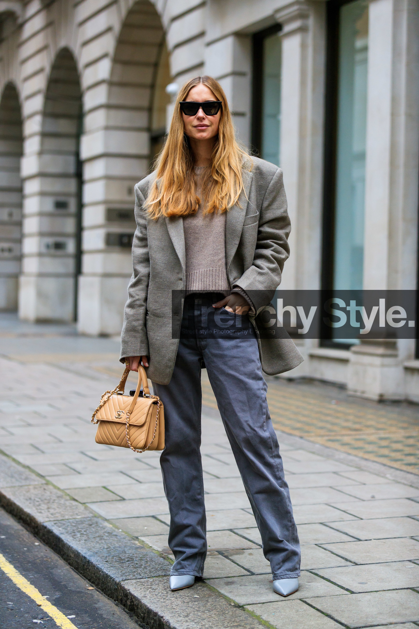 beige bag, blazer, brown sweater, chanel handbag, grey jacket, grey pants, grey shoes, leather bag, leather shoes, pernille teisbaek, sunglasses, trousers, street style, jonathan paciullo, FW, frenchystyle, fashion week, LFW, LONDON, AUTUMN WINTER 2019-2020, AW 19-20, FW 19-20, FALL WINTER 2019-2020, vertical, full length
