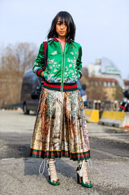 AUTUMN WINTER 2016-2017, AW 16-17, embroideries, FALL WINTER 2016-2017, fashion week, floral, flower, frenchystyle, full length, FW, FW 16-17, graphic skirt, green jacket, gucci, high boots, high heels, jonathan paciullo, lace up shoes, leather boots, LFW, LONDON, long skirt, margaret, zhang, MENSWEAR, pleated skirt, printed boots, printed jacket, printed skirt, satin, silk skirt, street style, stripes, teddy jacket, vertical