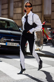 Alexandra Guerain, bag, bicolor jacket, bicolor pants, black and white, black bag, black boots, black denim, black jacket, black jean, black sunglasses, boots, denim jacket, denim pants, earrings, leather boots, sunglasses, white denim, white jacket, white jean, street style, jonathan paciullo, FW, frenchystyle, fashion week, PFW, PARIS, SPRING SUMMER 2022, SS 22, vertical, full length