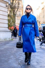 AUTUMN WINTER 2017-2018, AW 17-18, belted coat, black bag, black shoes, blue coat, FALL WINTER 2017-2018, fashion week, frenchystyle, full length, FW, FW 17-18, high heels, jonathan paciullo, leather bag, leather shoes, mira duma, miroslava duma, PARIS, PFW, street style, vertical