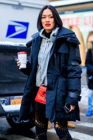 AUTUMN WINTER 2017-2018, AW 17-18, black coat, black denim, black jacket, denim pants, down jacket, FALL WINTER 2017-2018, fashion week, frenchystyle, full length, FW, FW 17-18, grey sweater, hoodie, jeans, jonathan paciullo, jw anderson, leather bag, NEW YORK, NYFW, red bag, street style, Tiffany Hsu, trousers, vertical