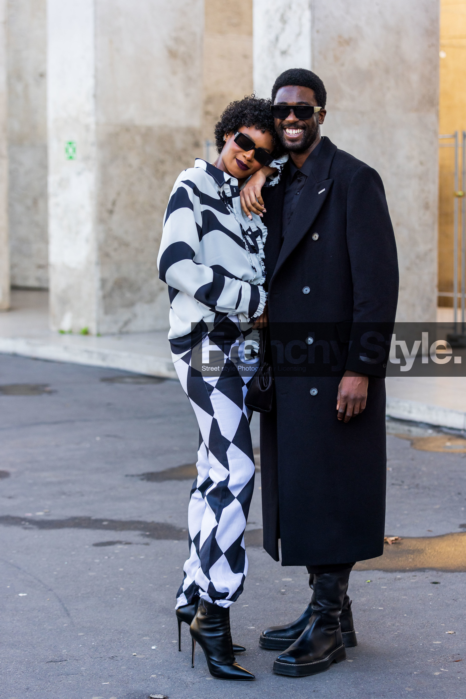 bicolor, black and white, black boots, black coat, black pants, black shirt, black sunglasses, boots, coat, diamond print, Didi Stone, duo, Jean-Philippe Phiné N'djoli, leather boots, long coat, menswear, print, printed pants, printed shirt, rectangle sunglasses, sunglasses, white pants, white shirt, fashion week, frenchystyle, FW, jonathan paciullo, street style, PFW, PARIS, SPRING SUMMER 2022, SS 22, vertical, full length