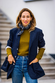 Alexandra Golovanoff, blazer, blue denim, blue jean, denim, jean, khaki knitwear, knitwear, navy blazer, navy scarf, printed scarf, scarf, striped blazer, stripes, PARIS, PFW, fashion week, frenchystyle, FW, jonathan paciullo, street style, SPRING SUMMER 2022, SS 22, vertical, atmosphere details