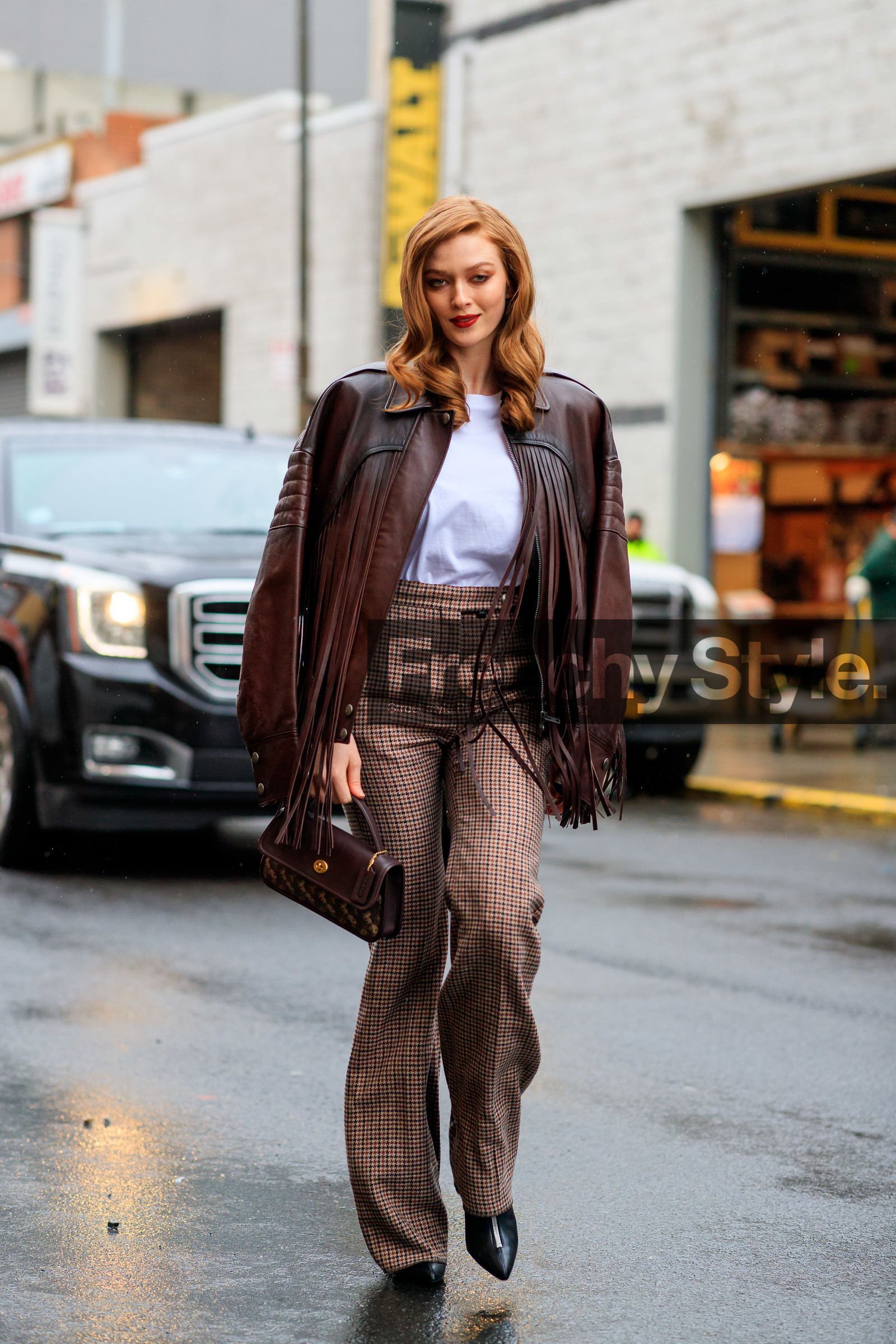 larsen thompson, brown leather bombers, brown leather coat, brown leather jacket, fringe coat, fringe jacket, white t-shirt, checked pants, beige pants, brown leather bag, hand bag, flare pants, high waist pants, monogrammed bag, fashion week, frenchystyle, FW, jonathan paciullo, street style, NYFW, NEW YORK, AUTUMN WINTER 2020-2021, FALL WINTER 2020-2021, FW 20-21, vertical, full length