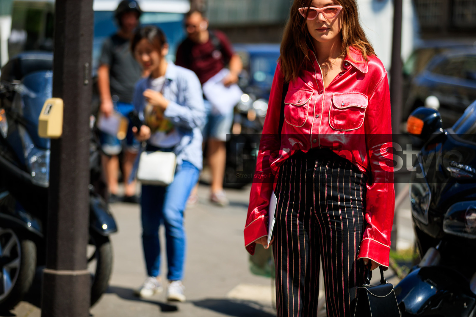 black bag, black pants, graphic pants, leather bag, printed pants, red shirt, striped pants, sunglasses, trousers, tucked in, fashion week, frenchystyle, FW, jonathan paciullo, street style, PFW, PARIS, atmosphere details, horizontal, detail, AUTUMN WINTER 2018-2019, FALL WINTER 2018-2019, FW 18-19, madelynn furlong