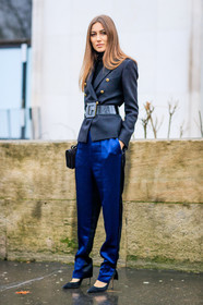 AUTUMN WINTER 2017-2018, AW 17-18, black belt, black jacket, black shoes, blazer, blue pants, FALL WINTER 2017-2018, fashion week, frenchystyle, full length, FW, FW 17-18, giorgia tordini, high heels, jonathan paciullo, leather bag, leather belt, leather shoes, PARIS, PFW, street style, trousers, vertical