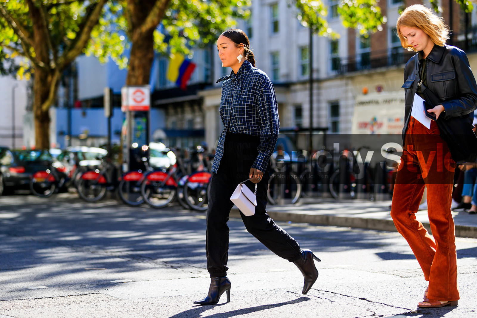 black shoes, high heels, leather shoes, black pants, black shoes, blue shirt, checked, earrings, graphic shirt, high heels, leather bag, leather shoes, plaid, printed shirt, rachael wang, sweatpants, trousers, tucked in, white bag, fashion week, frenchystyle, FW, jonathan paciullo, street style, LFW, LONDON, SPRING SUMMER 2019, SS 19, atmosphere details, horizontal, full length