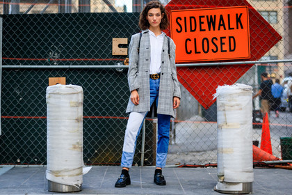 atmosphere details, black belt, black shoes, blue denim, checked jacket, denim pants, fashion week, frenchystyle, full length, FW, graphic jacket, grey jacket, gucci, hayett mc carthy, horizontal, jeans, jonathan paciullo, leather belt, loafers, mckenna hellam, model, NEW YORK, NYFW, patchwork, plaid, printed jacket, SPRING SUMMER 2018, SS 18, street style, trousers, white shirt, white socks