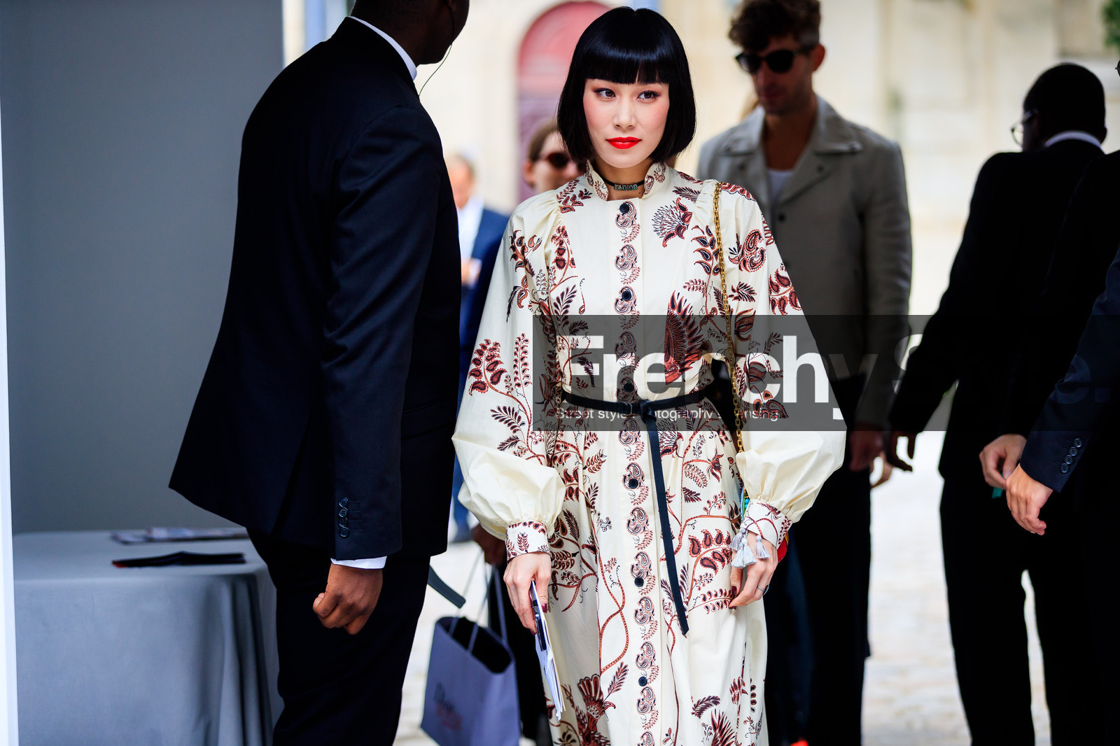 atmosphere details, black belt, choker, detail, fashion week, floral, flowers, frenchystyle, FW, graphic dress, horizontal, jonathan paciullo, mademoiselle yulia, necklace, PARIS, PFW, printed dress, red lips, SPRING SUMMER 2018, SS 18, street style, white dress