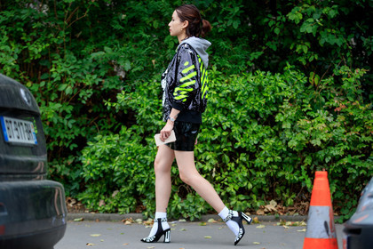 atmosphere details, black and white shoes, black skirt, fashion week, fluo, frenchystyle, full length, FW, high heels, hoodie, horizontal, jonathan paciullo, leather shoes, leather skirt, PARIS, PFW, sequined jacket, shiny jacket, SPRING SUMMER 2017, SS 17, street style, stripes