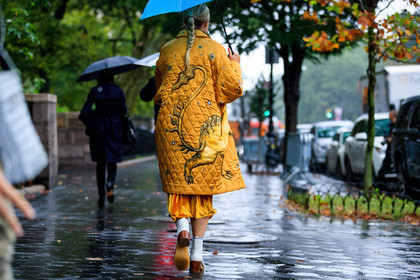braids, chloe king, graphic jacket, leather shoes, printed jacket, umbrella, velvet, white boots, yellow coat, yellow skirt, street style, jonathan paciullo, FW, frenchystyle, fashion week, NYFW, NEW YORK, SPRING SUMMER 2019, SS 19, atmosphere details, horizontal, full length