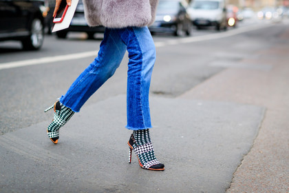 atmosphere details, AUTUMN WINTER 2017-2018, AW 17-18, black and white shoes, blue denim, Charlotte Groeneveld, denim pants, detail, FALL WINTER 2017-2018, fashion week, frenchystyle, fur jacket, FW, FW 17-18, graphic shoes, grey fur, grey jacket, high heels, horizontal, jeans, jonathan paciullo, leather shoes, PARIS, PFW, printed shoes, street style, trousers