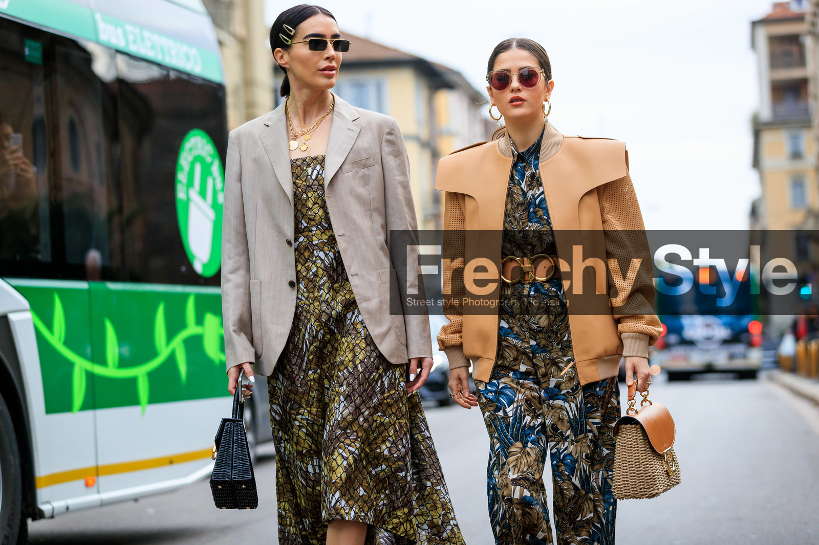 basket, beige belt, beige jacket, black bag, blazer, brittany xavier, camel bag, earrings, floral, graphic dress, graphic jumpsuit, graphic pants, green dress, hair clip, leather bag, leather belt, leather jacket, multicolor dress, multicolor jumpsuit, necklace, printed dress, printed jumpsuit, printed pants, salvatore ferragamo, straw bag, sunglasses, trousers, MILAN, MFW, fashion week, frenchystyle, FW, jonathan paciullo, street style, AUTUMN WINTER 2019-2020, AW 19-20, FALL WINTER 2019-2020, FW 19-20, atmosphere details, detail, horizontal