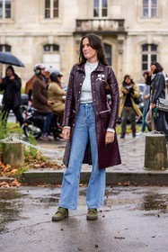 Astrid Boutrot, blue denim, blue jean, boots, burgundy coat, coat, courreges coat, denim, flare denim, flare jean, flare pants, gucci bag, jean, khaki boots, lace-up boots, leather coat, ribbed top, white top, fashion week, frenchystyle, FW, jonathan paciullo, street style, PFW, PARIS, SPRING SUMMER 2022, SS 22, vertical, full length