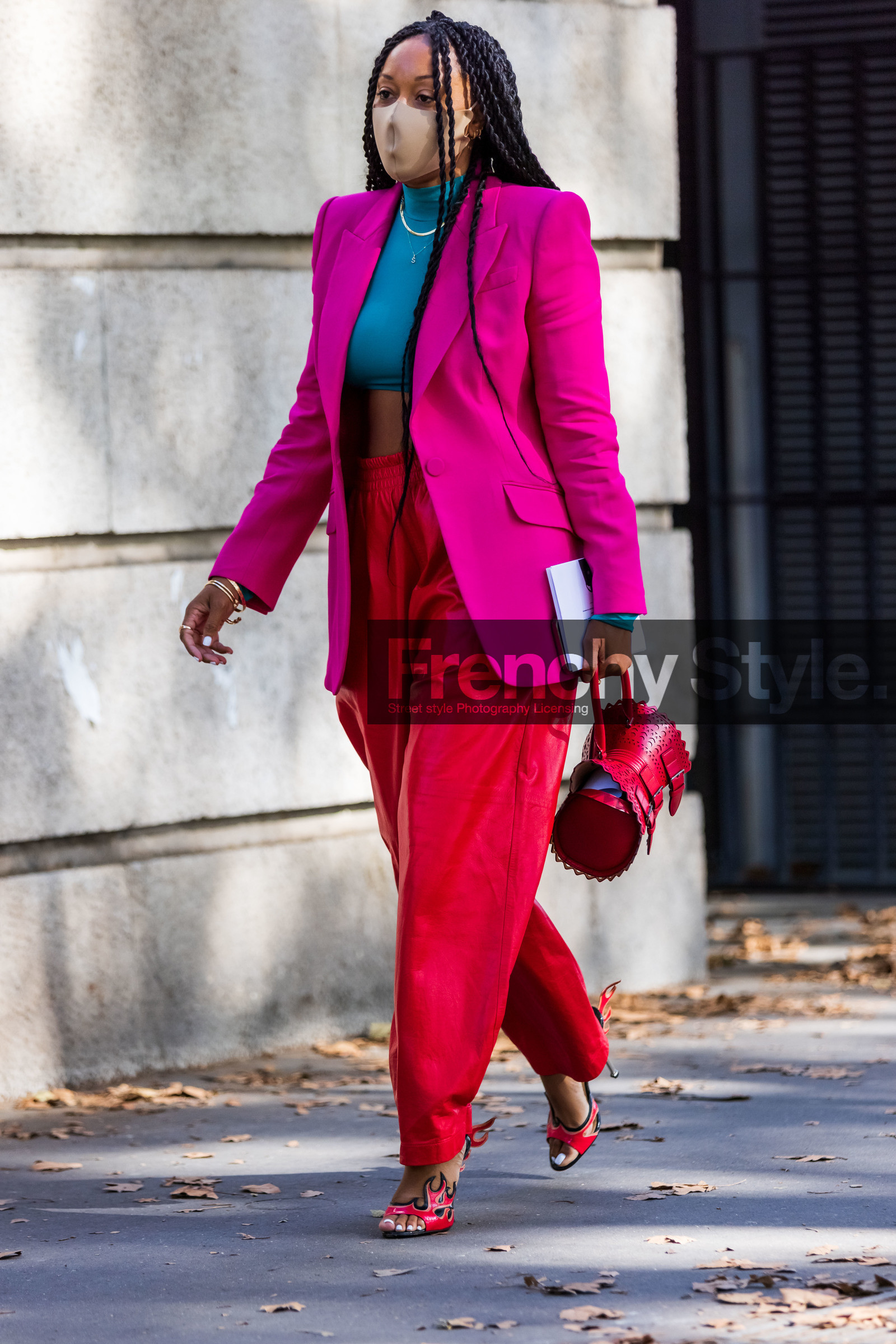 bag, blazer, blue crop top, color, crop top, facial mask, fluo pink blazer, leather bag, pants, pink blazer, red bag, red pants, red sandals, sandals, Shiona Turini, street style, jonathan paciullo, FW, frenchystyle, fashion week, PFW, PARIS, SPRING SUMMER 2022, SS 22, vertical, full length
