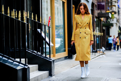 balenciaga, black bag, checked, evangelie smyrniotaki, graphic jacket, high heels, leather bag, leather shoes, plaid, printed coat, printed jacket, white boots, yellow coat, fashion week, frenchystyle, FW, jonathan paciullo, street style, LFW, LONDON, SPRING SUMMER 2019, SS 19, atmosphere details, horizontal, full length